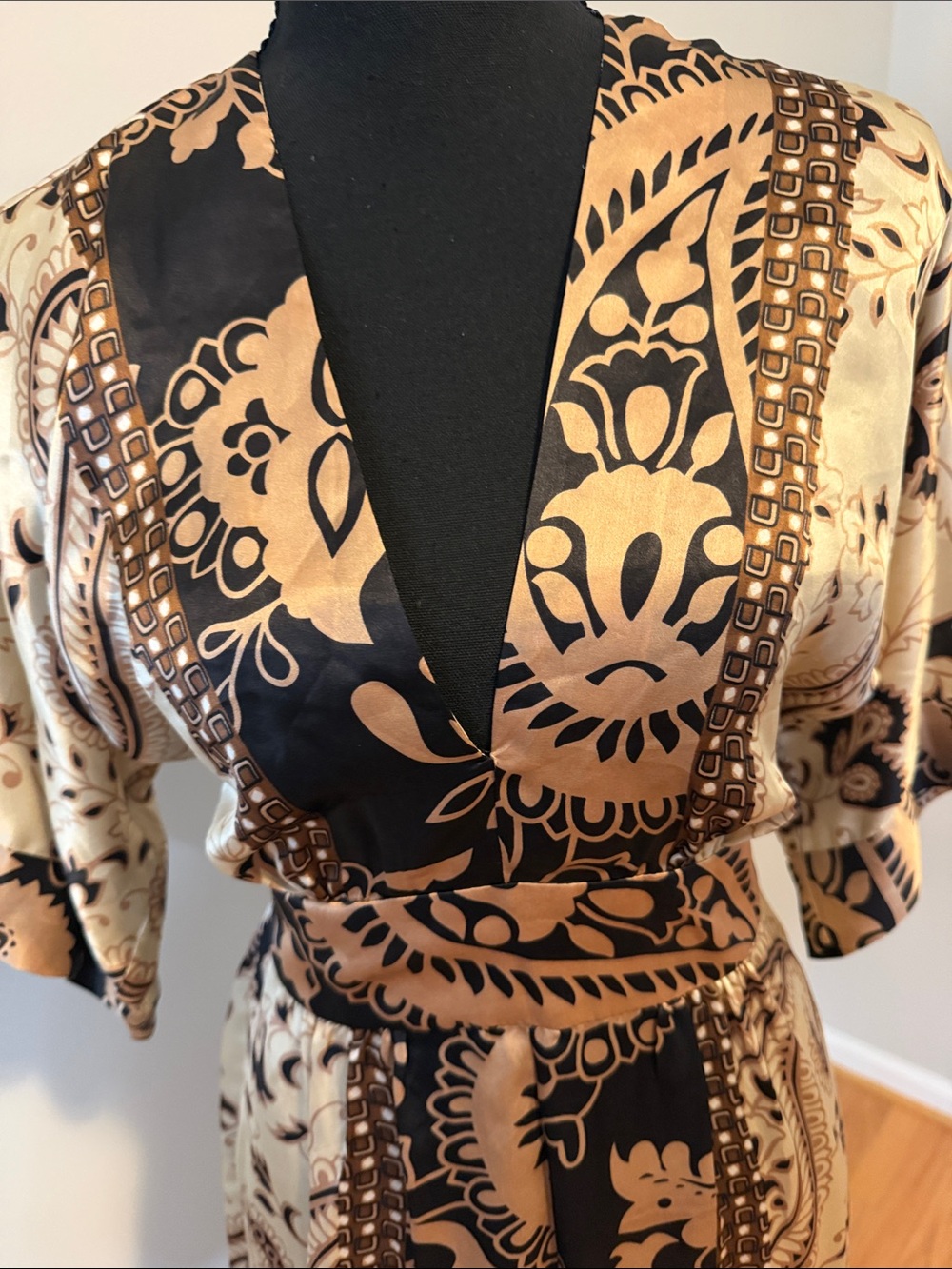 100% Silk Floral Paisley Wrap Dress look in Black & Champagne - Picture 2 of 4
